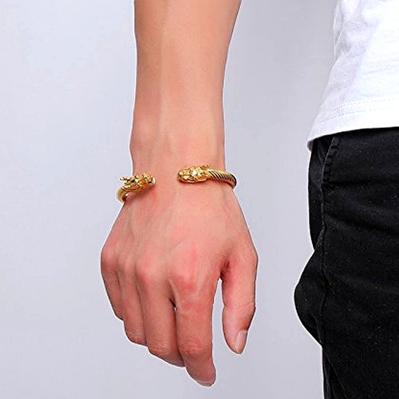 Dragon Head Viking Gold Plated Unisex Cuff Bangle Bracelet - Picture 3 of 6